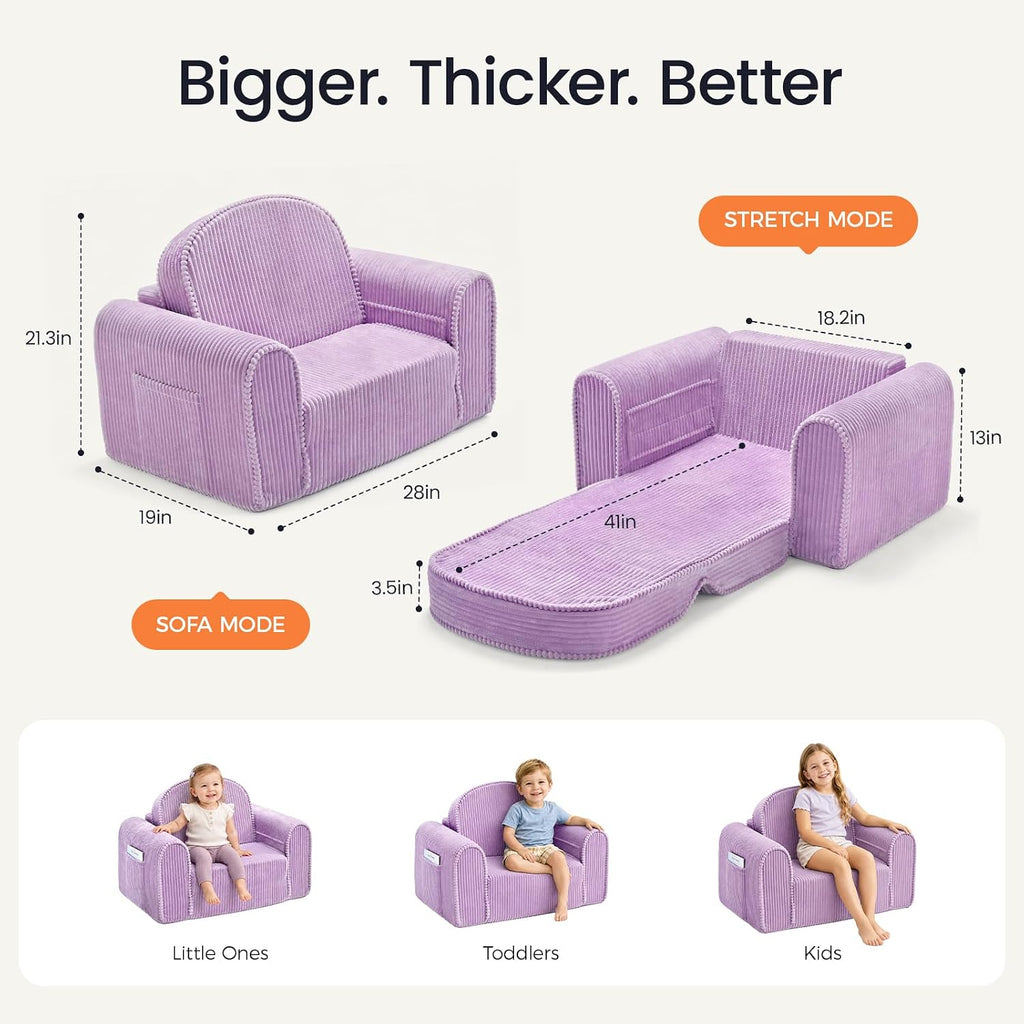 Tiny Land 2-in-1 Foldable Kids Couch, Thick Foam Corduroy Sofa with Pocket