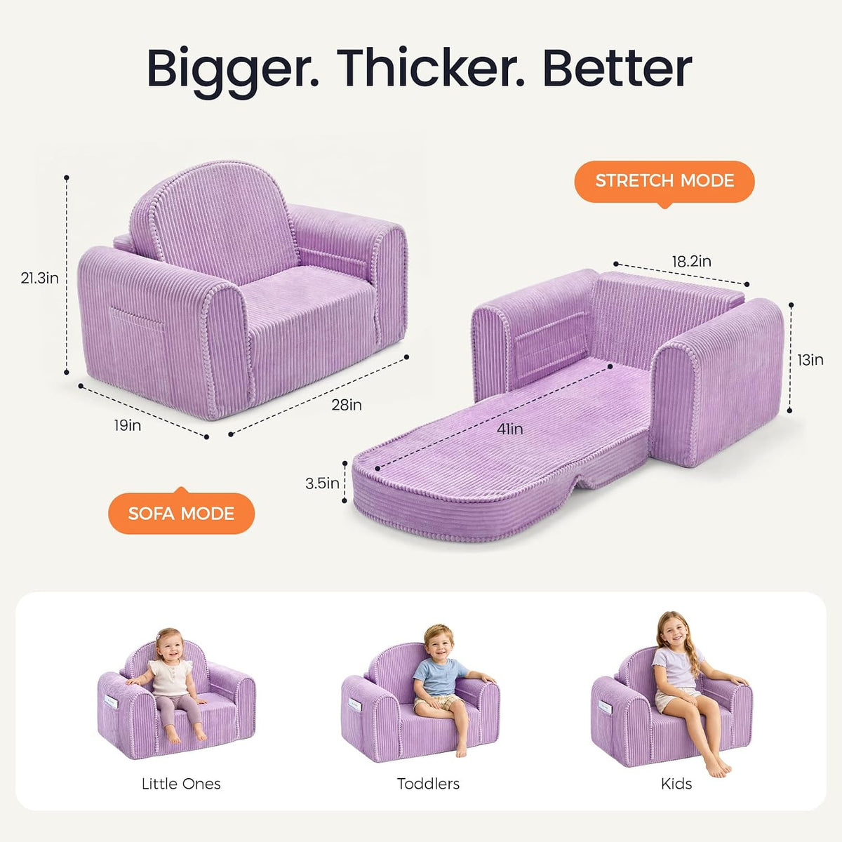Tiny Land 2-in-1 Foldable Kids Couch, Thick Foam Corduroy Sofa with Pocket