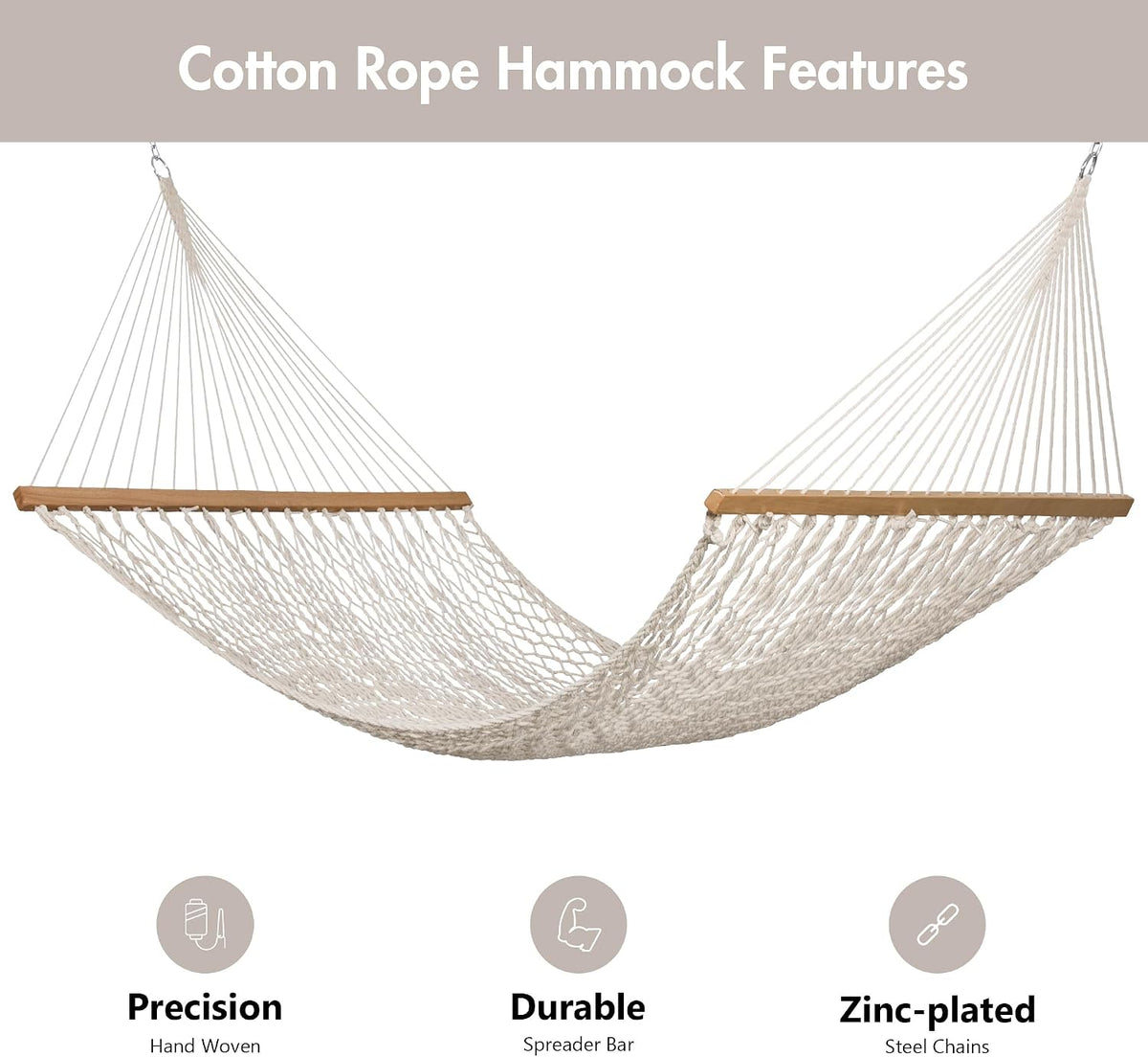 ANOW Double Rope Hammock with Spreader Bars and Carrying Bag, Natural