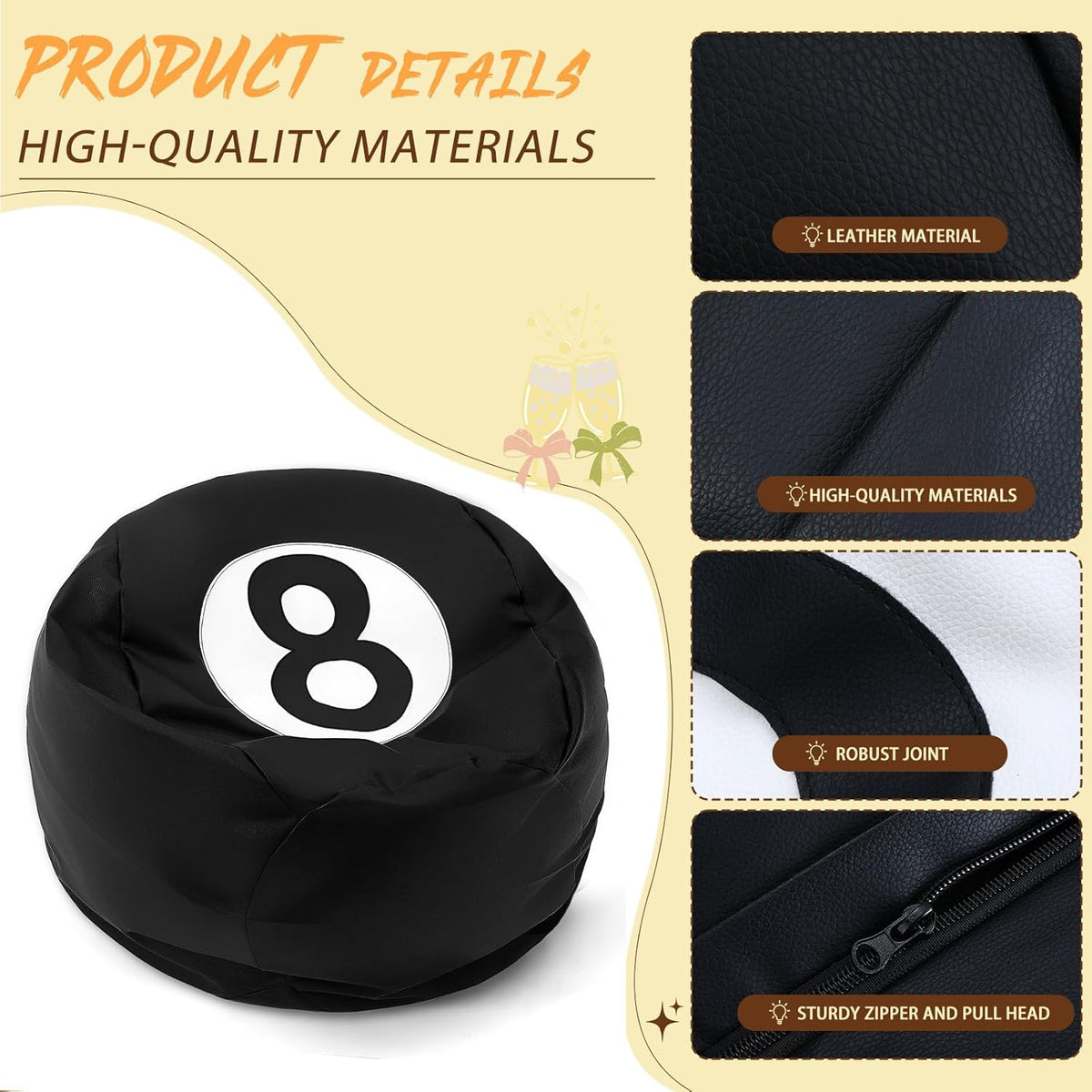 Aceorbit 8 Ball Bean Bag Chair Cover Prize Gift PU Leather Organizer