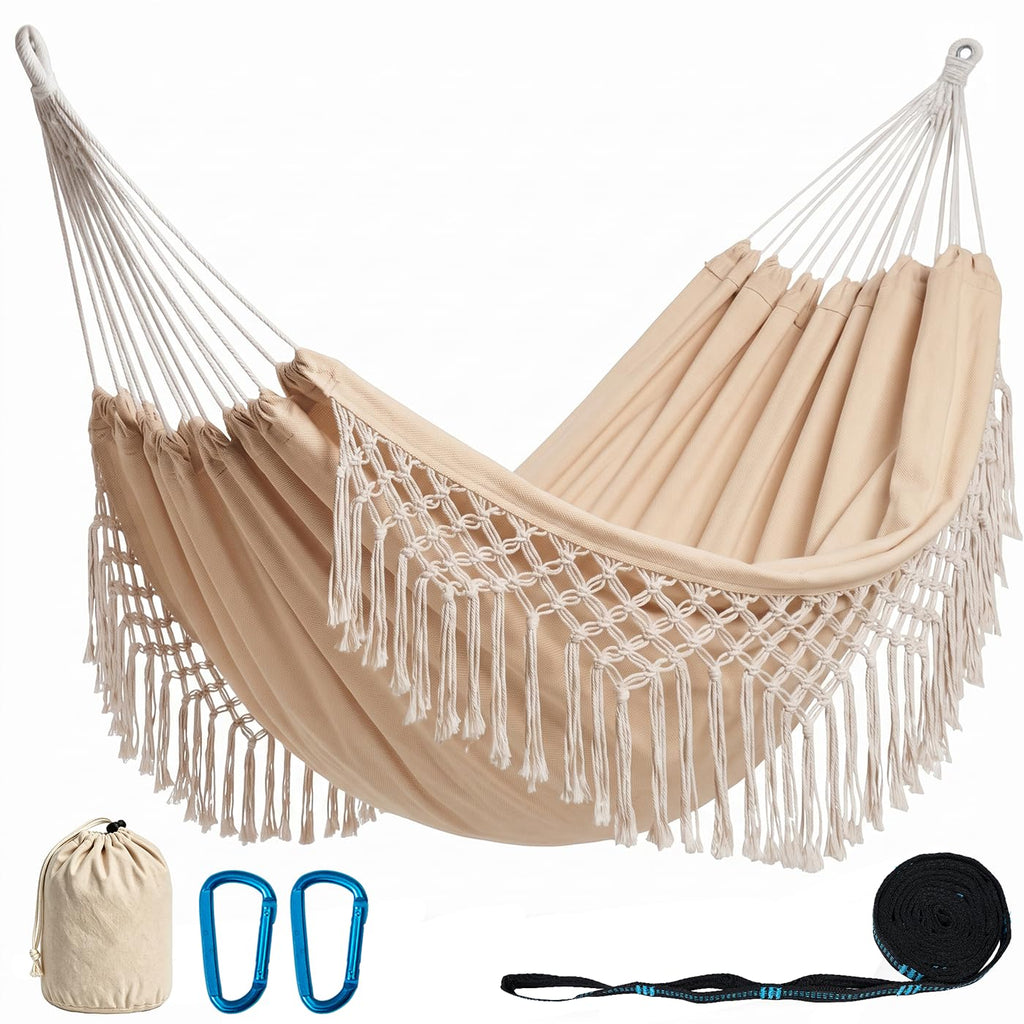 PNAEUT Handmade Tassel Hammock for Outside, 2 Person Tree Hammock for Stand