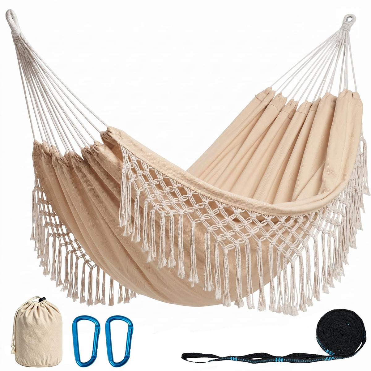 PNAEUT Handmade Tassel Hammock for Outside, 2 Person Tree Hammock for Stand