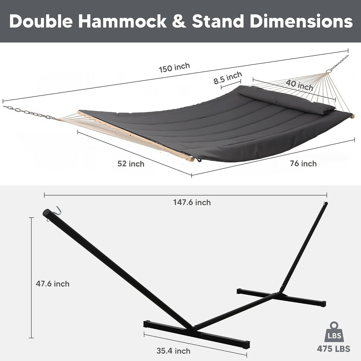 SUNCREAT Double Outdoor Hammock with Stand, Carrying Bag, Dark Gray