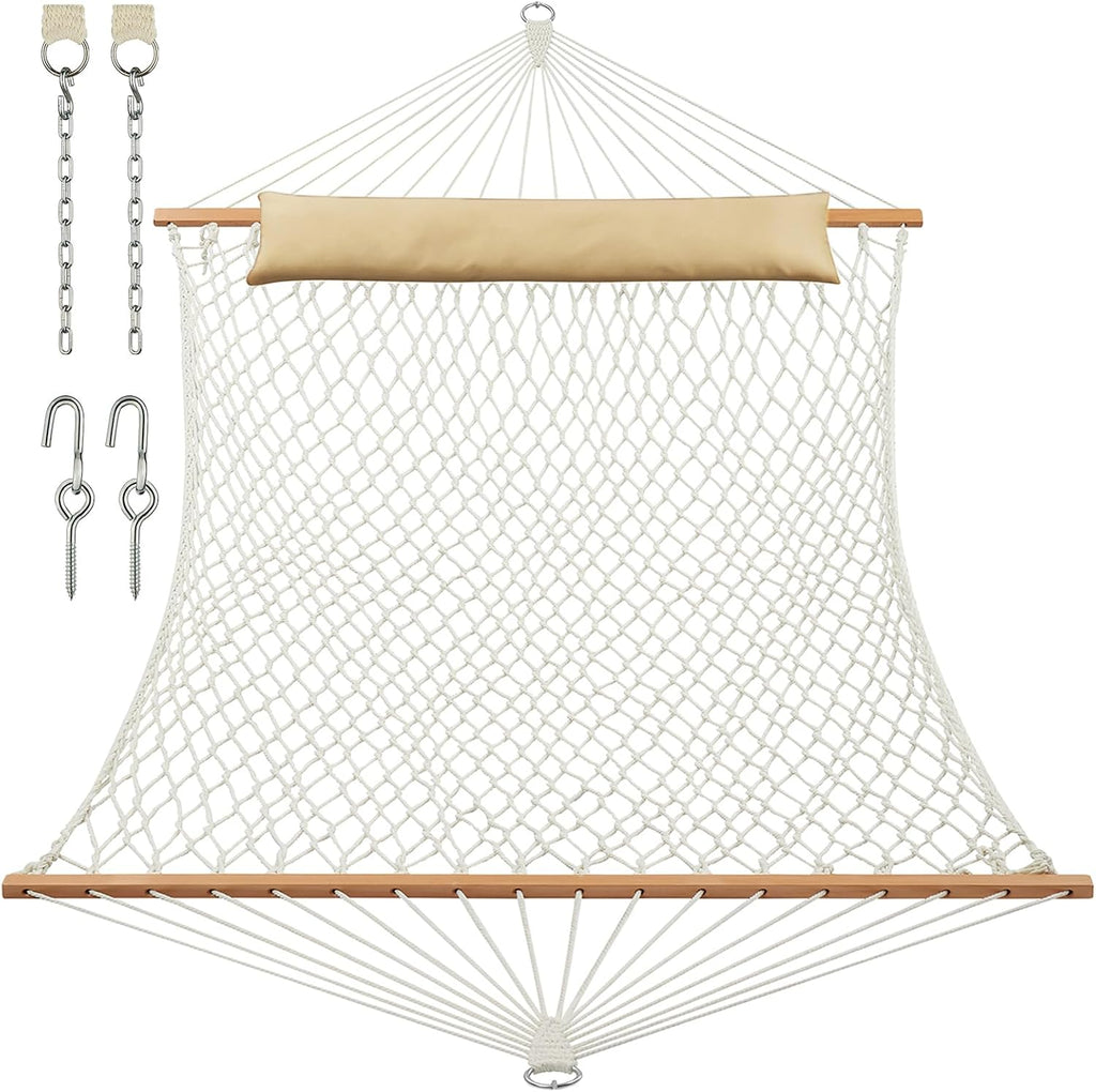 JoyView Traditional Rope Double Hammock - Hand Woven Cotton Hammock with Hardwood Spreader Bar and Pillow 450lb Capacity for Outdoor Indoor Patio Yard - Natural