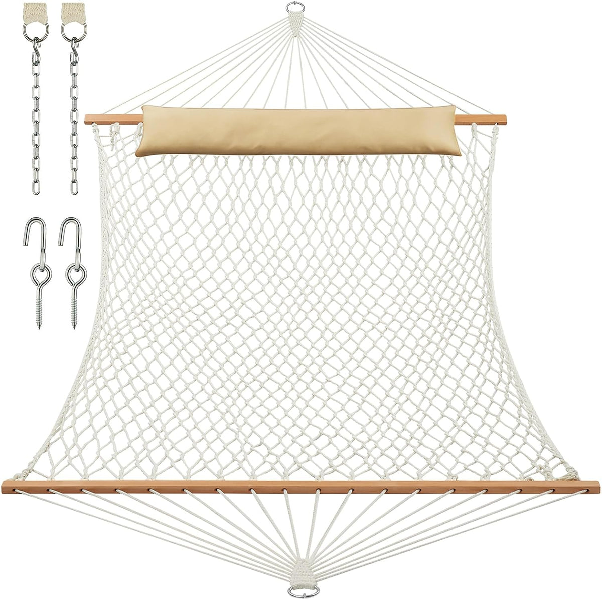 JoyView Traditional Rope Double Hammock - Hand Woven Cotton Hammock with Hardwood Spreader Bar and Pillow 450lb Capacity for Outdoor Indoor Patio Yard - Natural