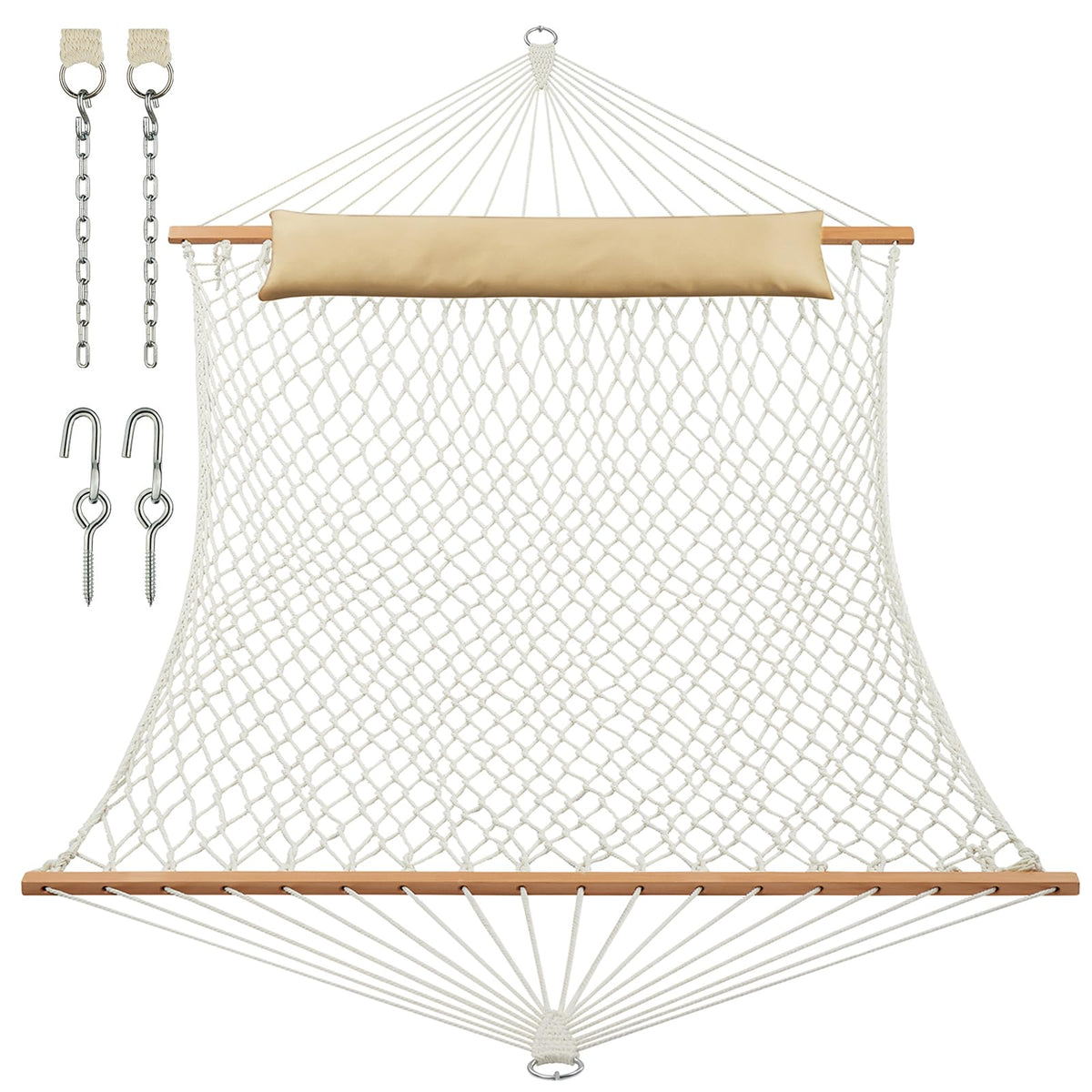 JoyView Traditional Rope Double Hammock - Hand Woven Cotton Hammock with Hardwood Spreader Bar and Pillow 450lb Capacity for Outdoor Indoor Patio Yard - Natural