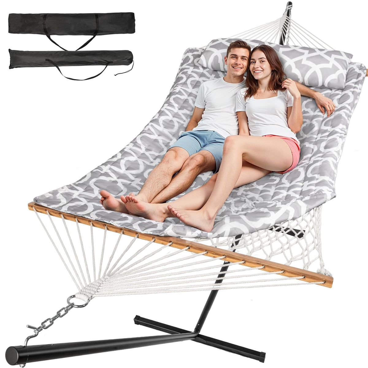 Everyfun 2 Person Double Hammock with Stand, 500 lb Cotton Rope, Blue
