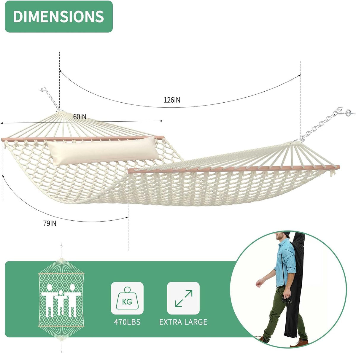Traditional Rope Double Hammock, 450 lbs Capacity, Natural