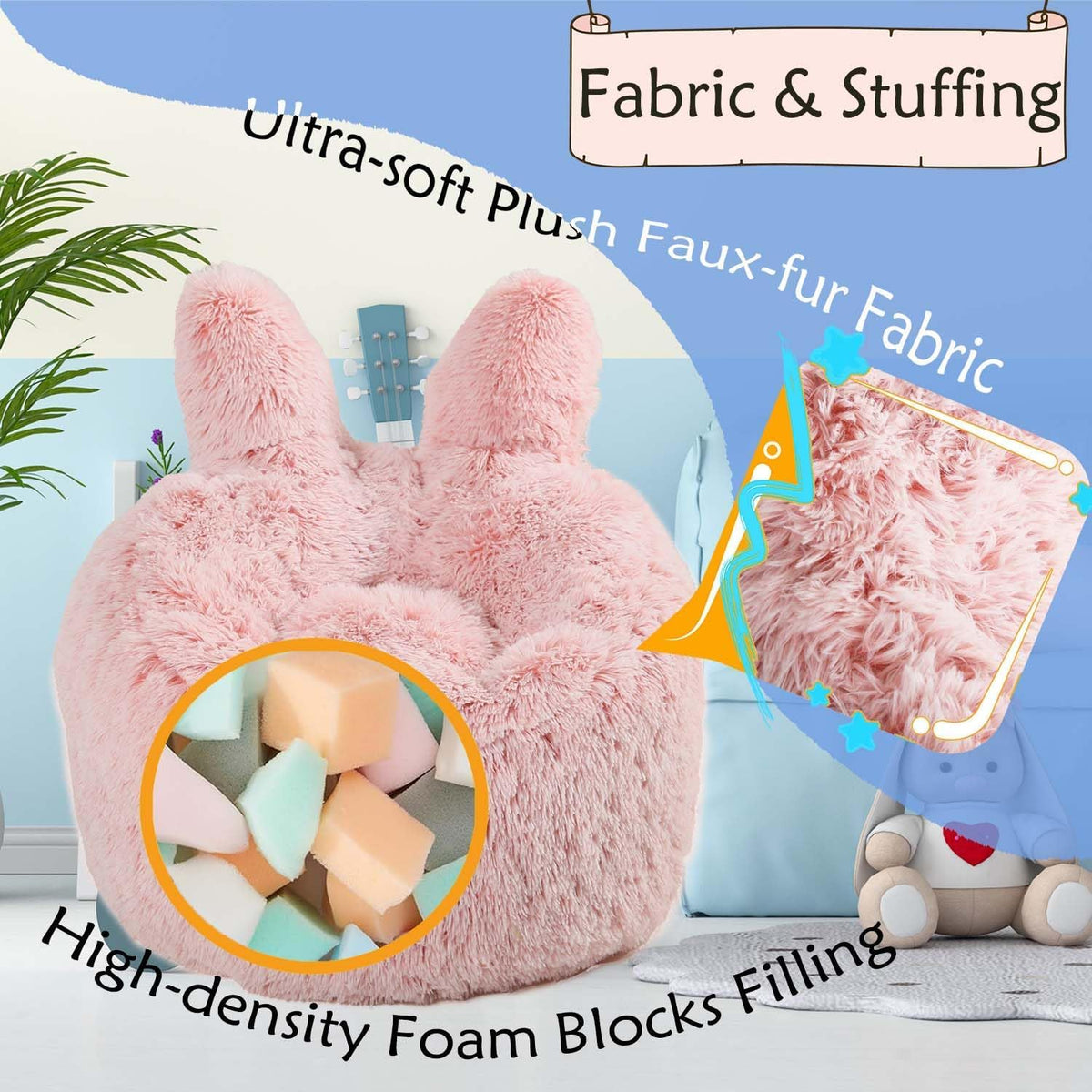 Fluffy Bean Bag Chair for Kids, with Plush Faux Fur Cover, 2.5FT Memory Foam Bean Bag Chairs for Teens & Kids, Ultra Soft Sofa for Living Room/Bedroom/Dorm,Pink