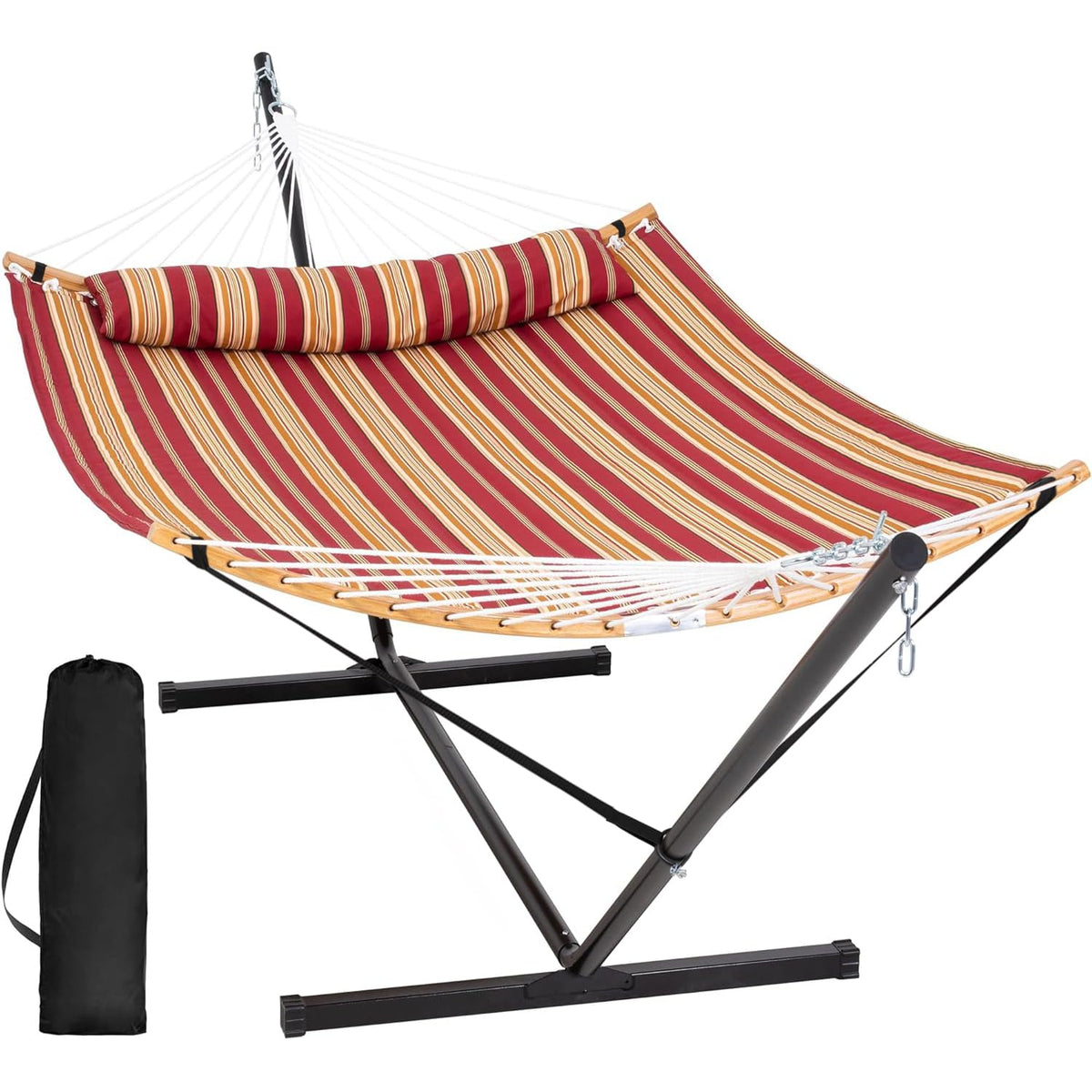 SUNCREAT Double Portable Hammock with Stand, 2 Person Hammock with Curved Spreader Bar, Balance Ropes Included, Dark Gray
