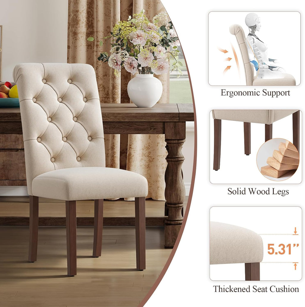 MALOL Upholstered Tufted Dining Room Chairs Set of 4, Parsons Kitchen Chairs with Padded Seat and Solid Wood Legs, Fabric Accent Side Diner Chair for Dining Room/Kitchen/Living Room, Beige