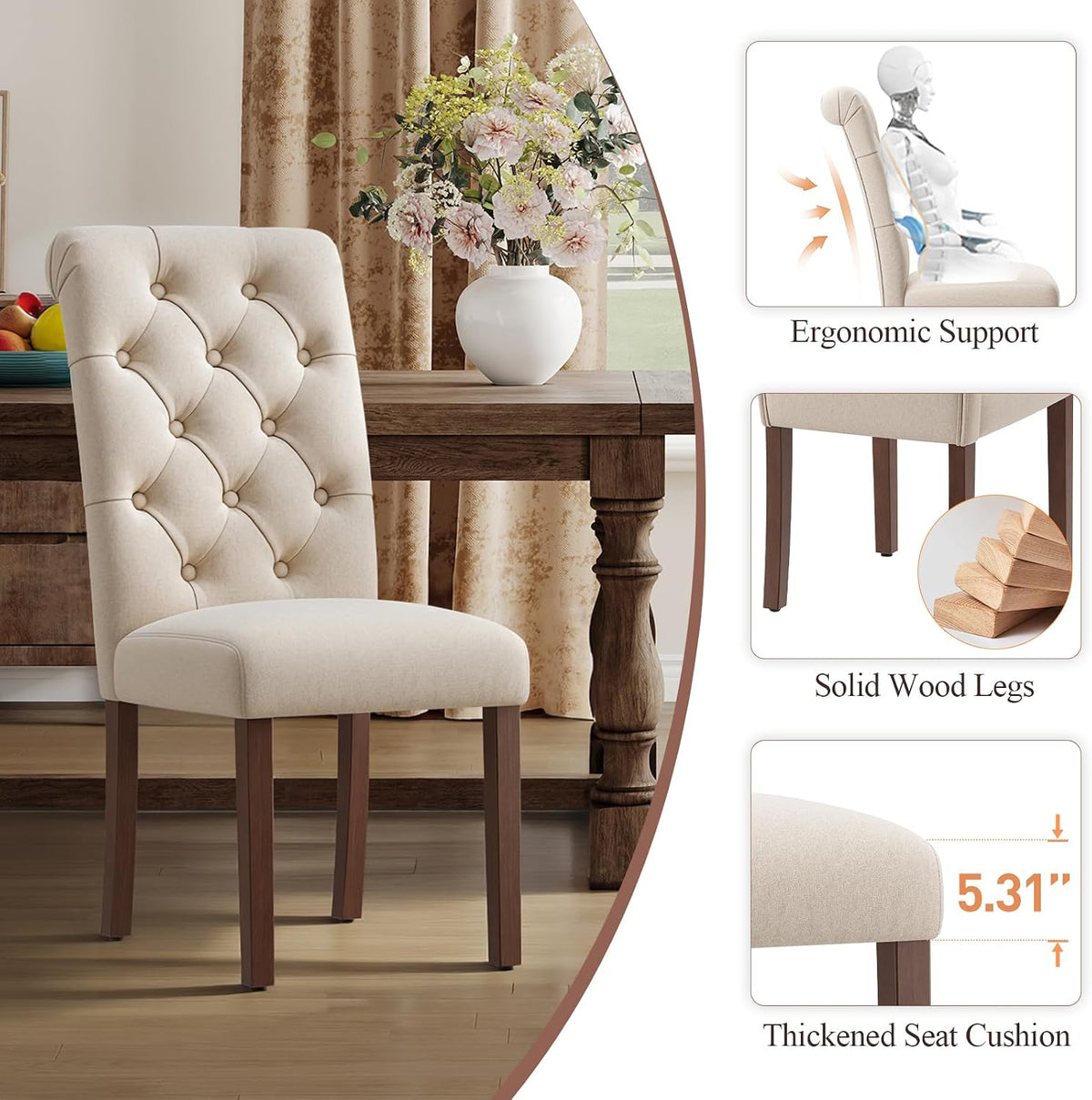 MALOL Upholstered Tufted Dining Room Chairs Set of 4, Parsons Kitchen Chairs with Padded Seat and Solid Wood Legs, Fabric Accent Side Diner Chair for Dining Room/Kitchen/Living Room, Beige