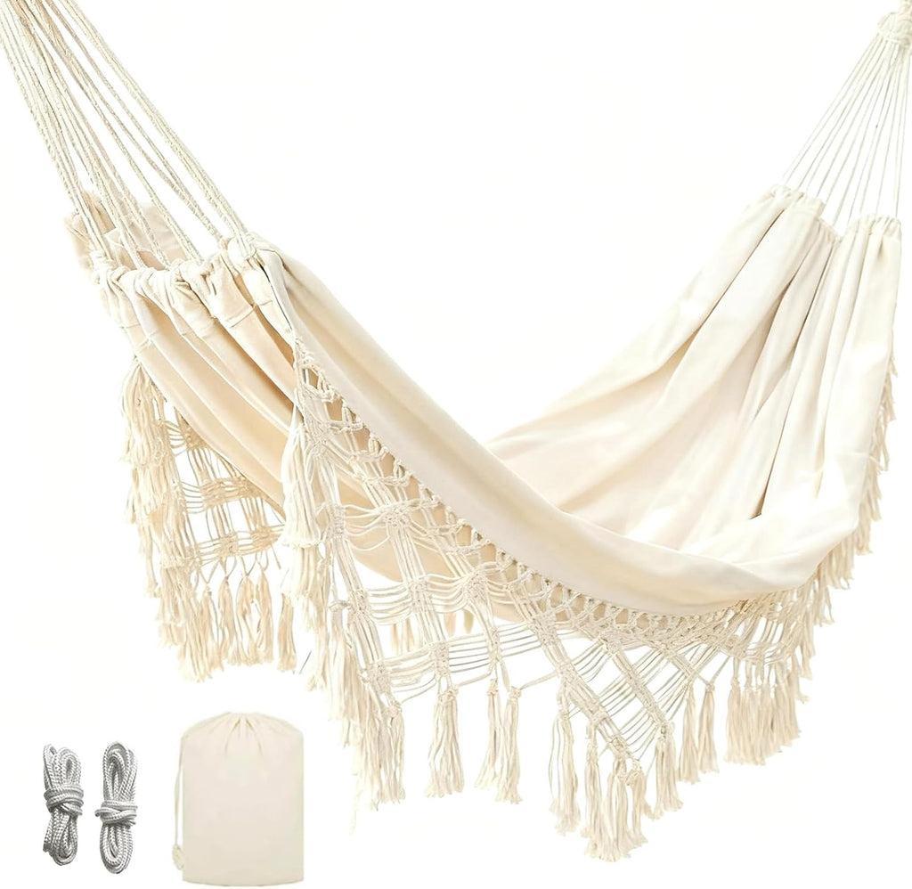 Goutime Double Hammock,Macrame Boho Portable Camping Tree Hammock,Beige