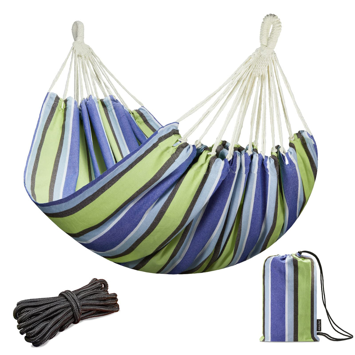 JoyView Brazilian Double Hammock with Hanging Ropes Extra Large 86.6x59” Portable Cotton Hammock for Patio Backyard Porch 450LBS Weight Capacity Perfect for Outdoor/Indoor - Color Stripes