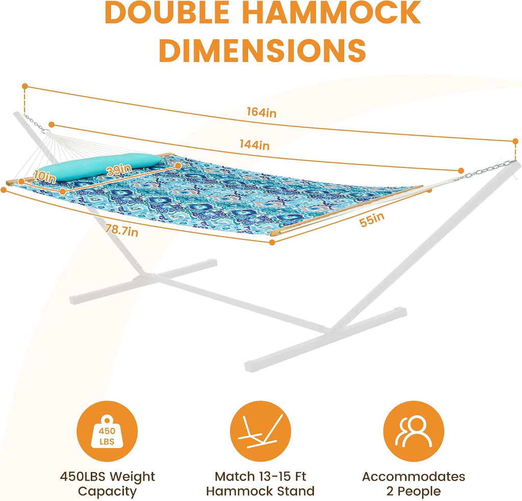 Lazy Daze 12FT Double Quilted Hammock for Outside with Pillow, Floral Auqa