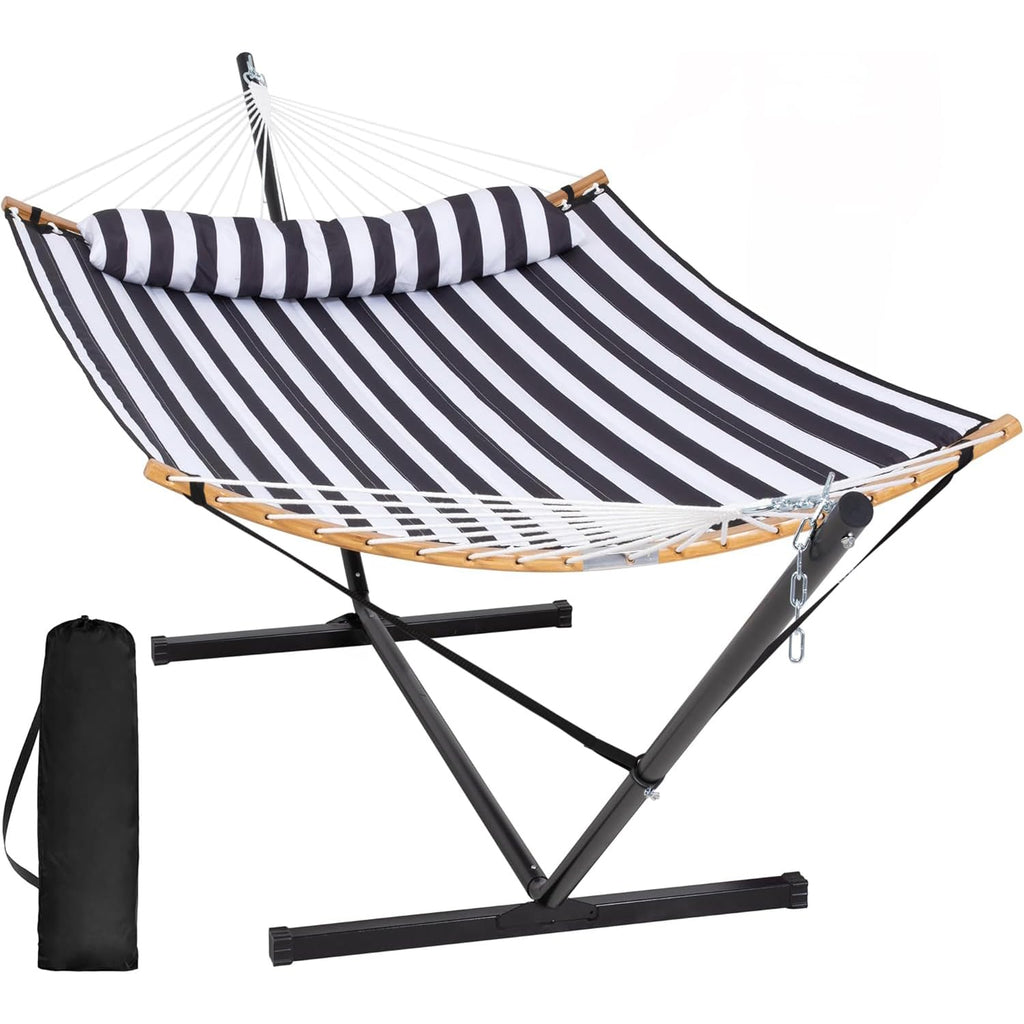 SUNCREAT Double Portable Hammock with Stand, 2 Person Hammock with Curved Spreader Bar, Balance Ropes Included, Dark Gray