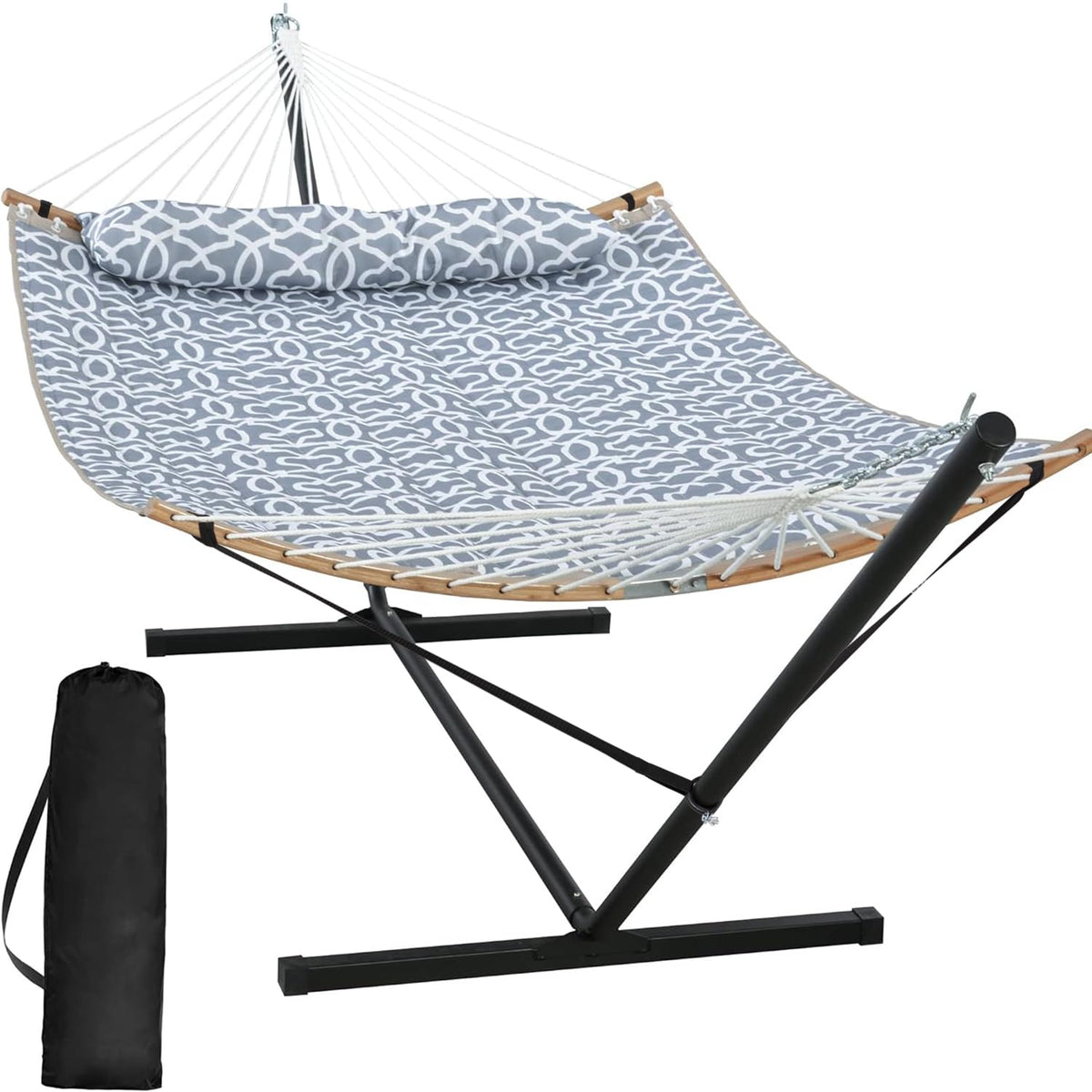 SUNCREAT Double Portable Hammock with Stand, 2 Person Hammock with Curved Spreader Bar, Balance Ropes Included, Dark Gray
