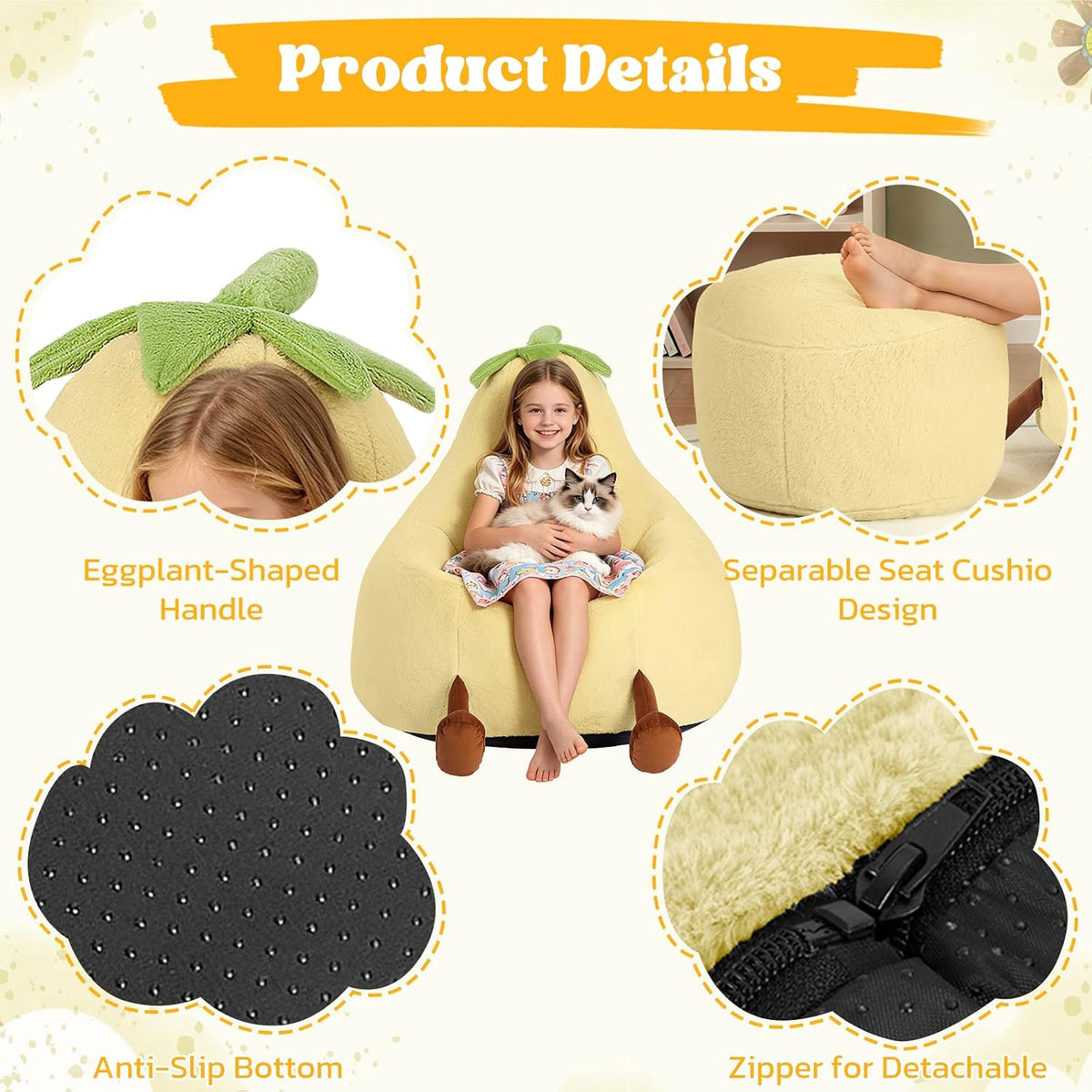 31 Inches Memory Foam Bean Bag Chair - Ultra Soft Faux Rabbit Fur Sofa with Handle & Machine Washable Cover, Comfy Lazy Chair for Kids Teens, Perfect for Reading Gaming in Living Room Bedroom，Yellow