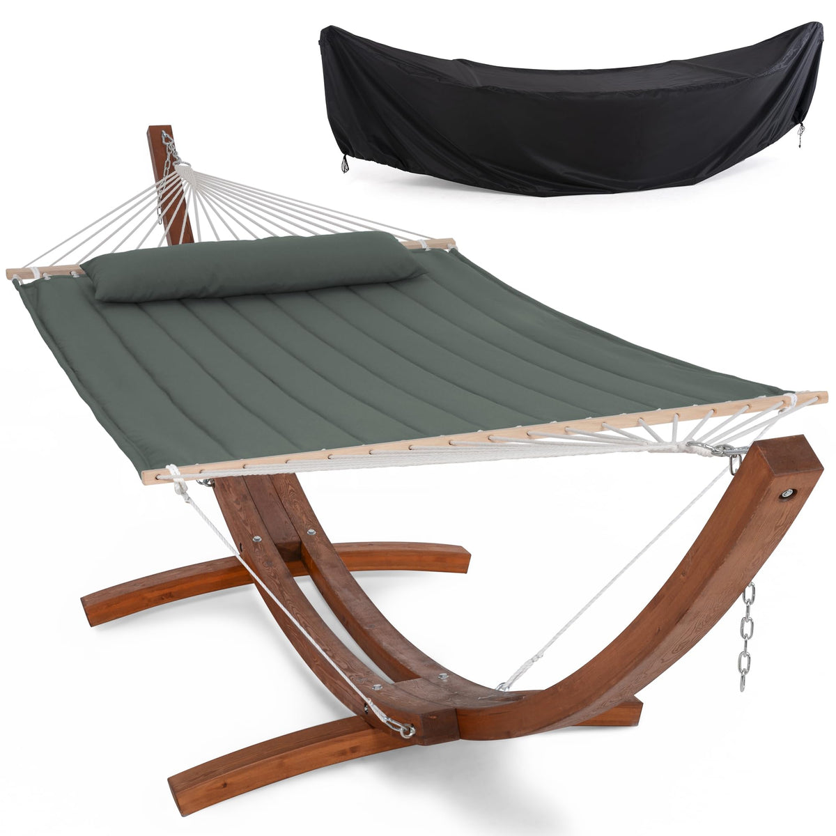 SUNCREAT Hammocks Double Hammock with 13.5 ft Wooden Stand, Hammock Cover, Outdoor Hammocks for Outside, 475 lbs Capacity, Beige