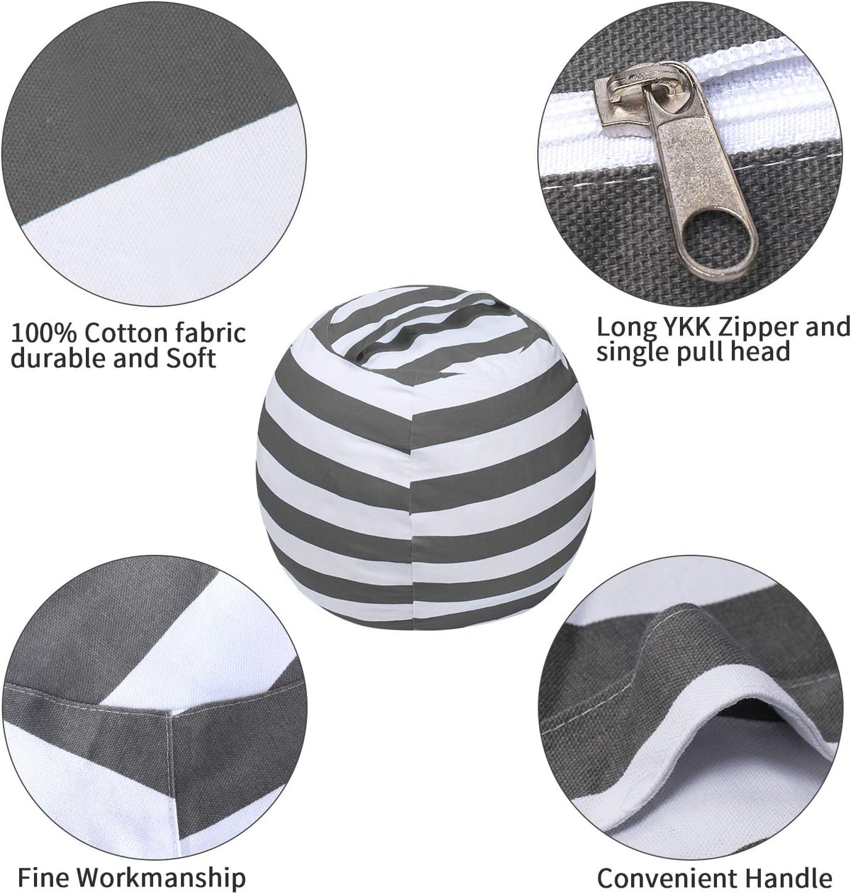 Miaowater Stuffed Animal Storage Bean Bag Chair Cover, Cotton Canvas Beanbag with Zipper for Organizing Kid's and Adults Room 24" (Grey)