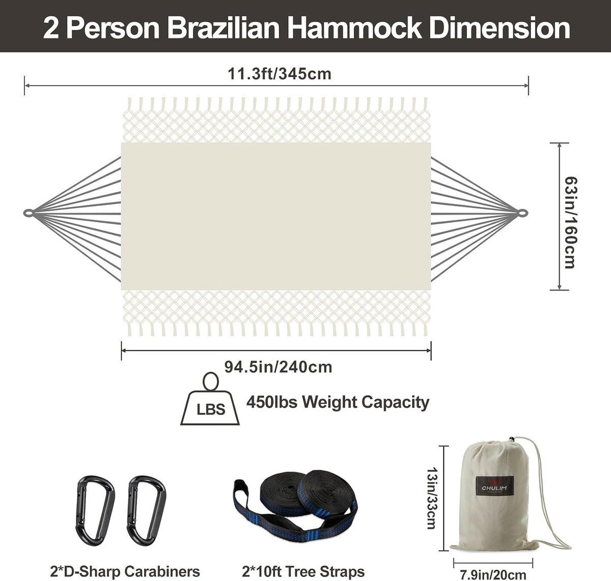 Brazilian Double Hammock with Tree Straps, Extra Large, 450 lbs Capacity