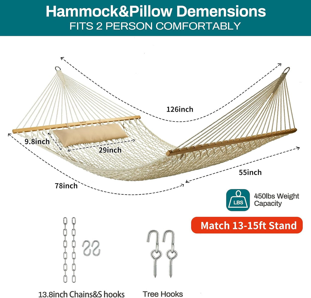 JoyView Traditional Rope Double Hammock - Hand Woven Cotton Hammock with Hardwood Spreader Bar and Pillow 450lb Capacity for Outdoor Indoor Patio Yard - Natural