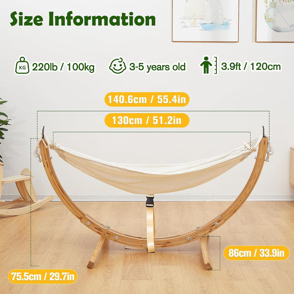 FUNLIO Wooden Hammock with Stand for Kids 3-5 Years (Height < 3.9ft/120cm), Premium Solid Wood Kids Hammock Chair Stand, Stable Structure, Wider & Longer Children Hammock, 220lbs Capacity