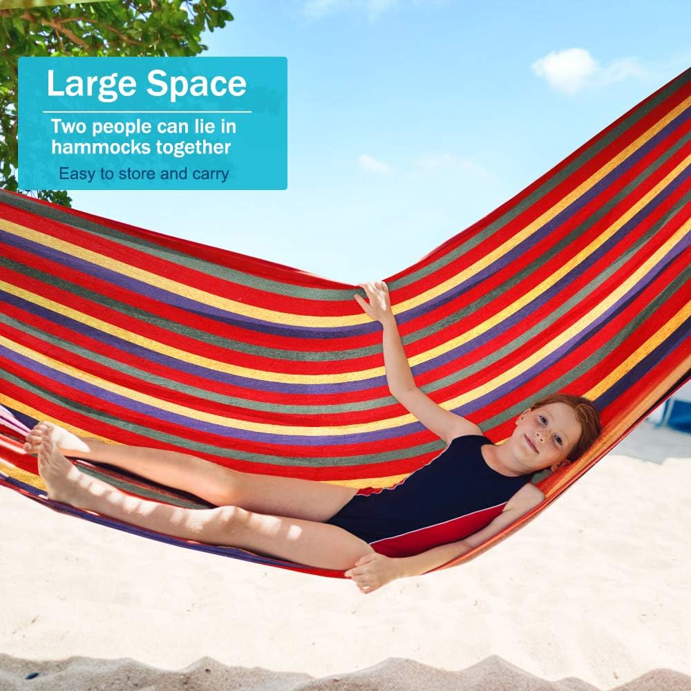 Outerman 275 x 155 cm Camping Hammock, Hammocks Thickened Canvas Fabric with 550lb Load Capacity, Two Anti Roll Balance Beam and Sturdy Metal Knot Tree Straps for Travel, Beach, Backyard etc.