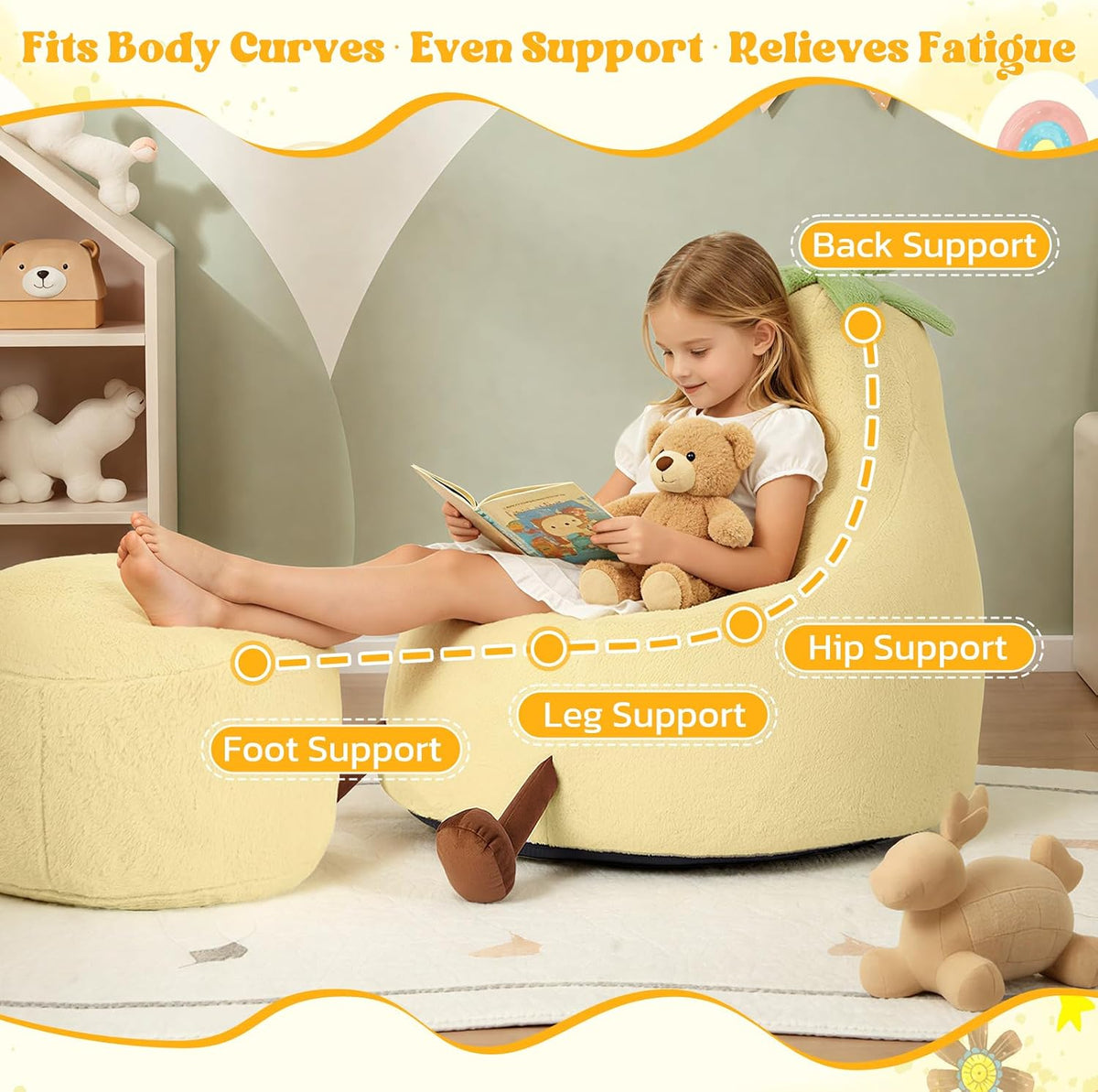 31 Inches Memory Foam Bean Bag Chair - Ultra Soft Faux Rabbit Fur Sofa with Handle & Machine Washable Cover, Comfy Lazy Chair for Kids Teens, Perfect for Reading Gaming in Living Room Bedroom，Yellow