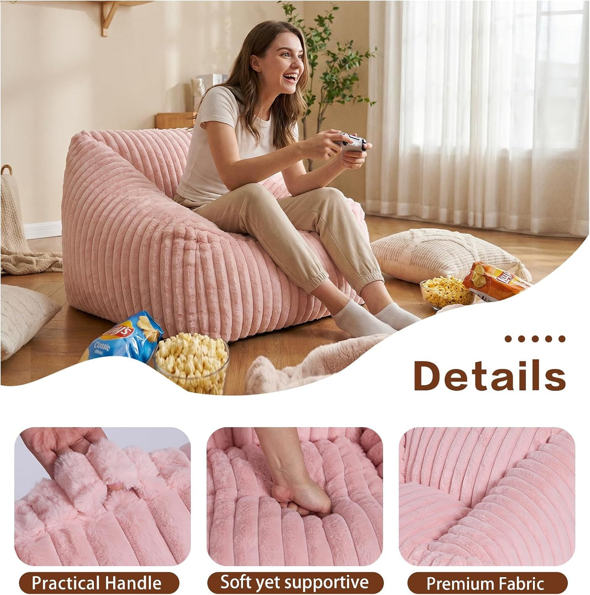 Small Bean Bag Chair for Kids&Teens,Memory Foam Filled Girls Bean Bags with Pink Stripe Plush Bean Bag Washable Cover for Reading Gaming Bedroom Living Room Playroom