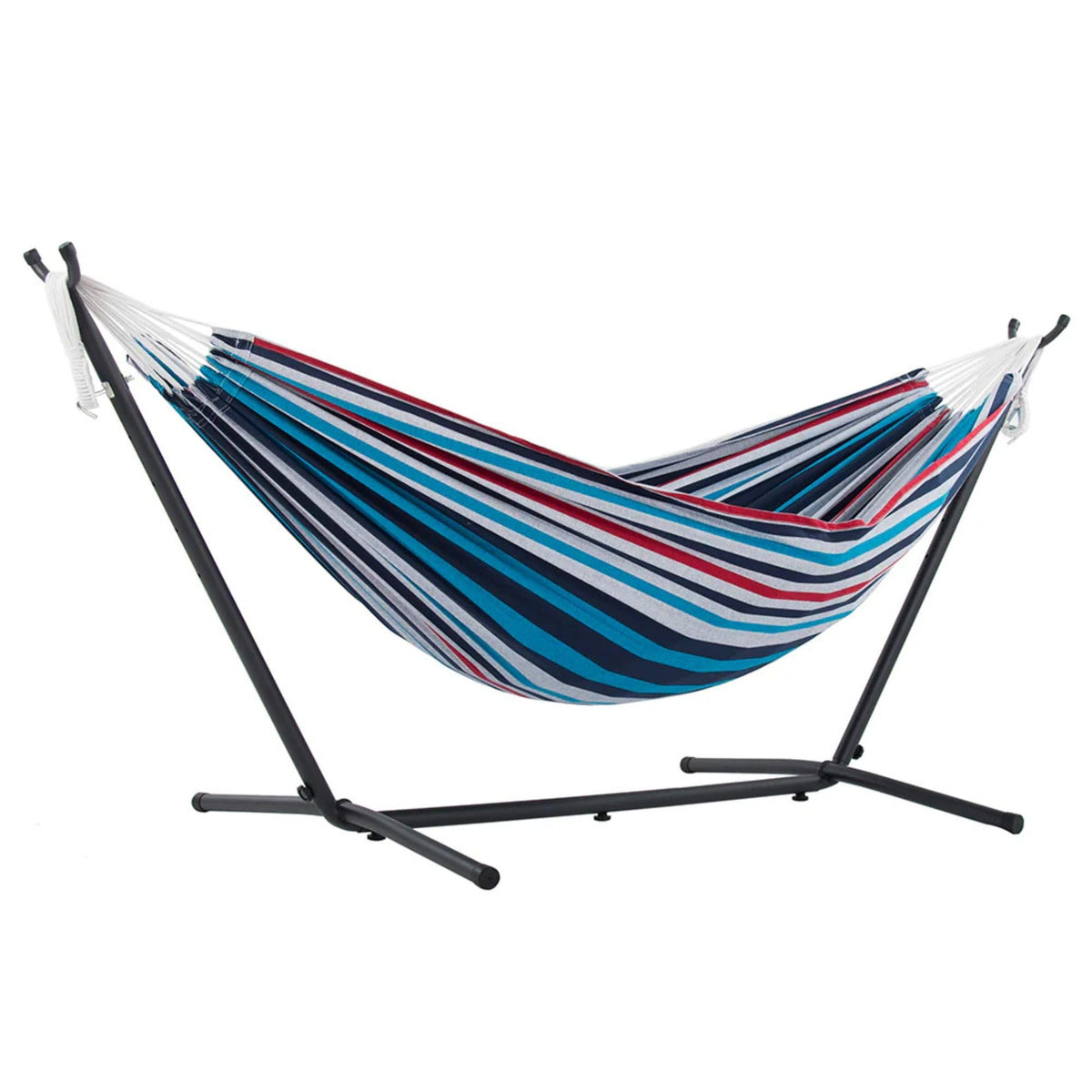 Vivere Double Cotton Hammock, Space Saving Steel Stand, Blue Lagoon, 9 Ft