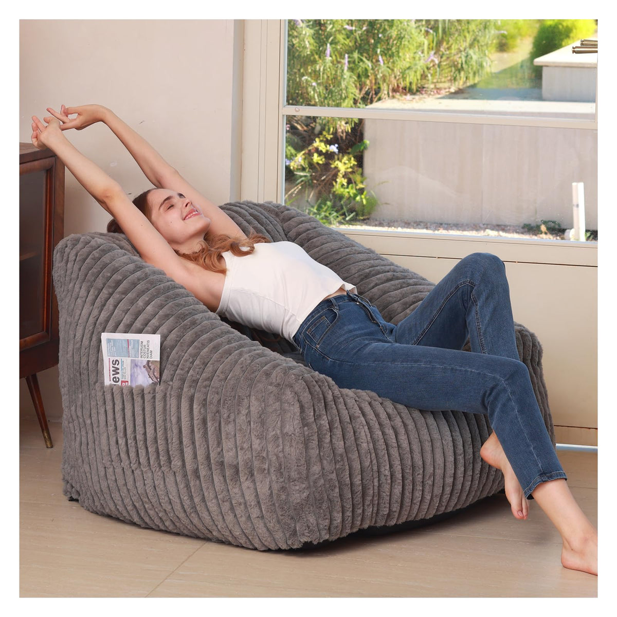 Small Bean Bag Chair for Kids&Teens,Memory Foam Filled Girls Bean Bags with Pink Stripe Plush Bean Bag Washable Cover for Reading Gaming Bedroom Living Room Playroom