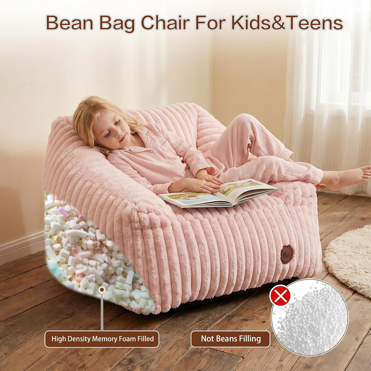 Small Bean Bag Chair for Kids&Teens,Memory Foam Filled Girls Bean Bags with Pink Stripe Plush Bean Bag Washable Cover for Reading Gaming Bedroom Living Room Playroom