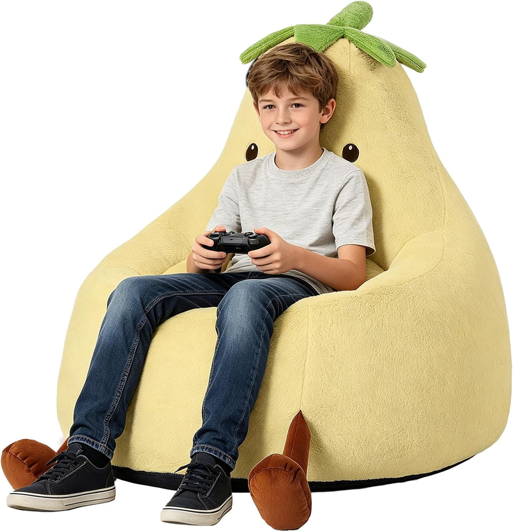 31 Inches Memory Foam Bean Bag Chair - Ultra Soft Faux Rabbit Fur Sofa with Handle & Machine Washable Cover, Comfy Lazy Chair for Kids Teens, Perfect for Reading Gaming in Living Room Bedroom，Yellow