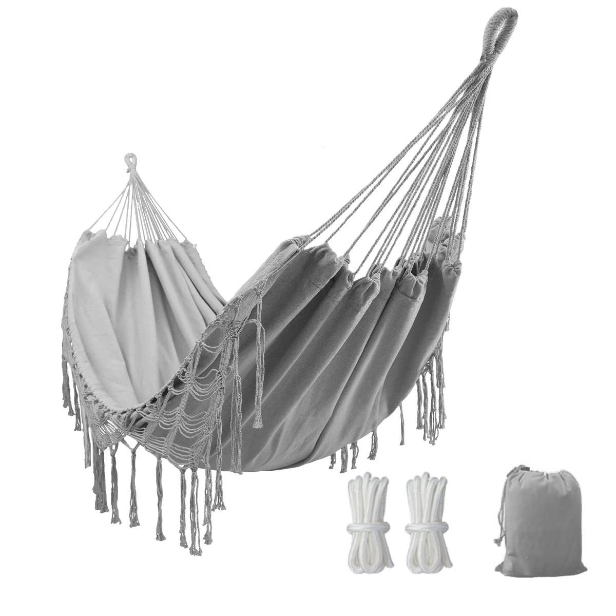 Double Boho Macrame Hammock with Elegant Tassels for Patio, Yard, Beach Wedding Decor, Outdoor and Indoor Up to 450lbs Include Tie Ropes and Drawstring Bag