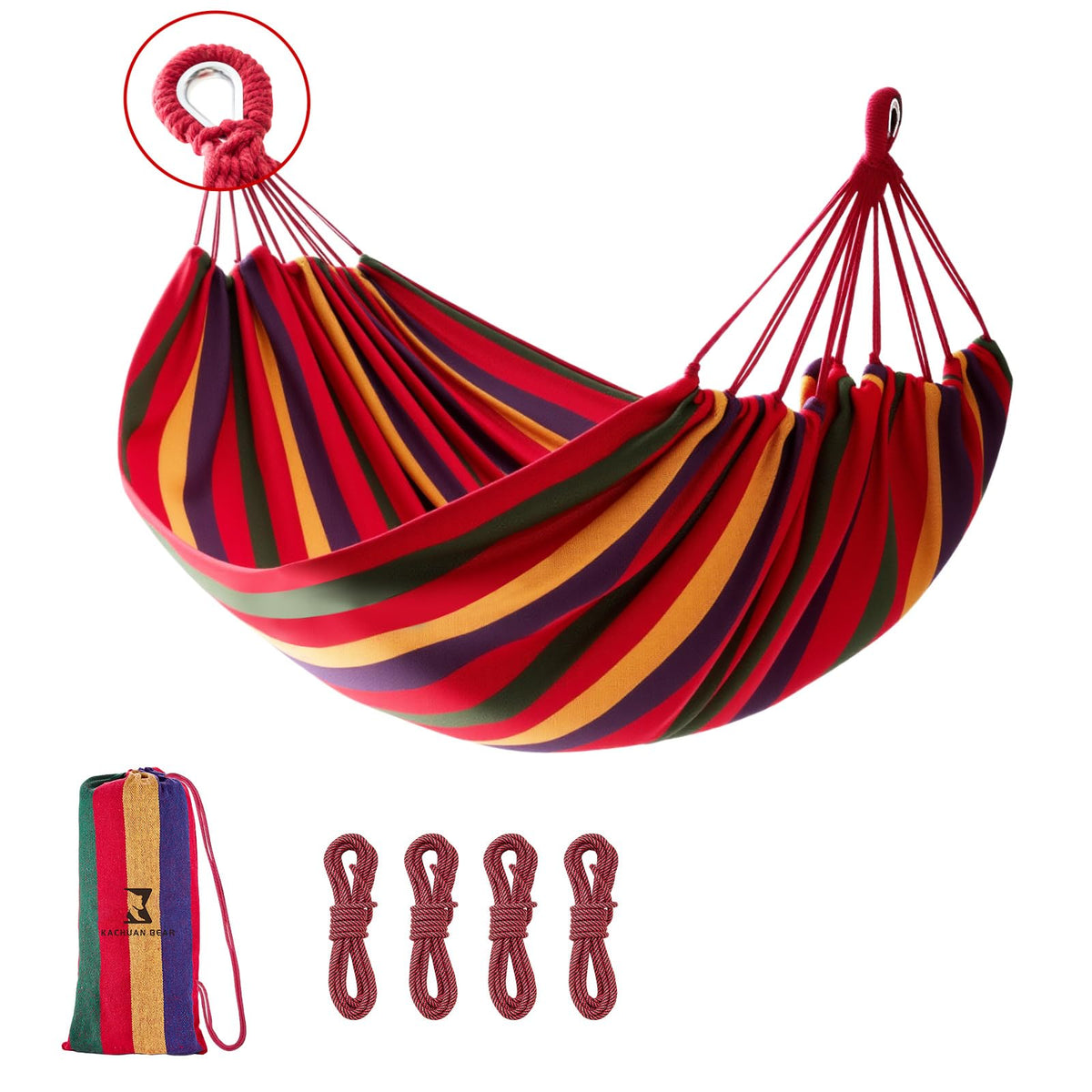 Hammock, Cotton Canvas Hammock Portable Camping Hammock with Carrying Bag Two Anti Roll Balance Beam Metal Carabiner Ropes and Tree StrapsSuit for Indoor,Yard,Camping,Outdoor-Rainbow