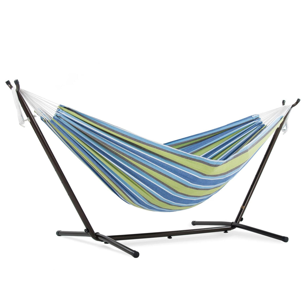 Vivere Double Cotton Hammock, Space Saving Steel Stand, Blue Lagoon, 9 Ft