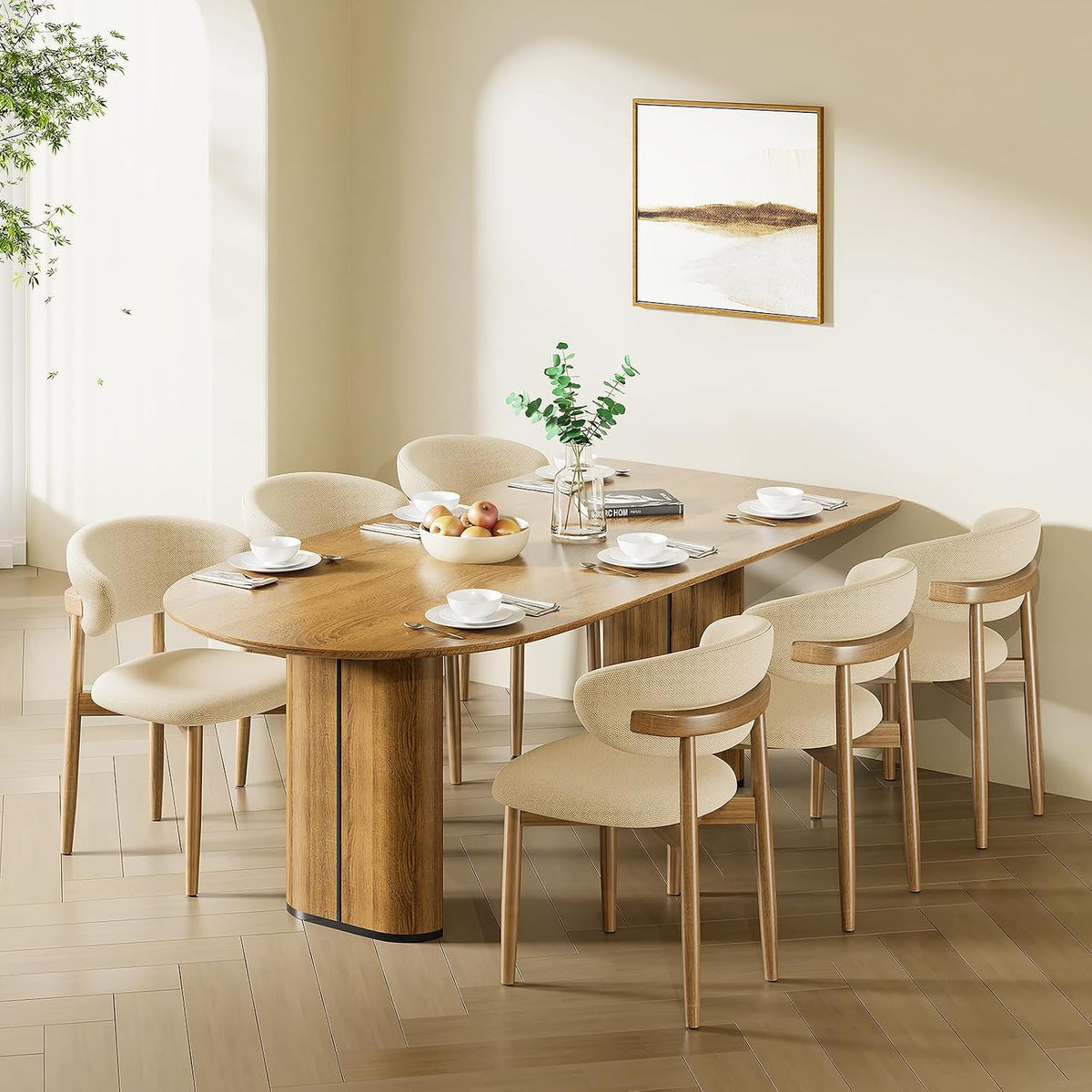 LEVELEVE Wooden Dining Chairs Set of 6,Farmhouse Kitchen Chairs with Curved Back,Modern Fabric Upholstered Chairs for Dining Room,Beige