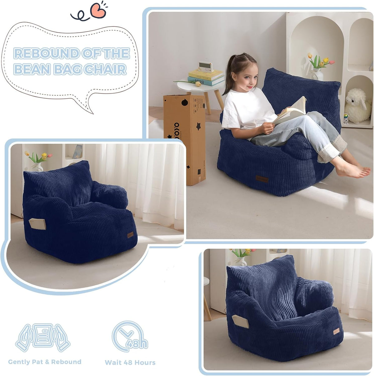 MAXYOYO Kids Bean Bag Chair, Stuffed Bean Bag Sofa, Navy, Standard