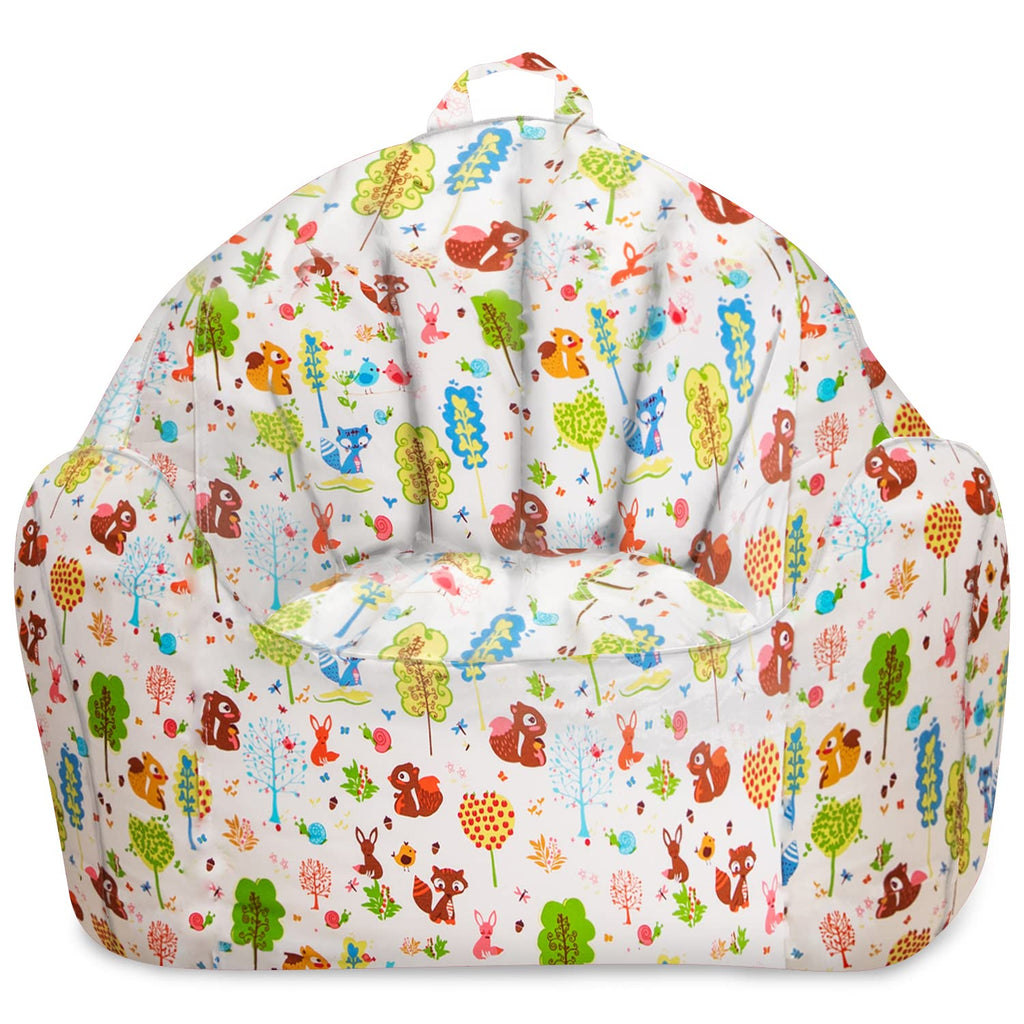 Posh Creations Structured Comfy Bean Bag Chair for Gaming, Reading, and Watching TV, Malibu Lounge, Canvas - Forest Critters on White