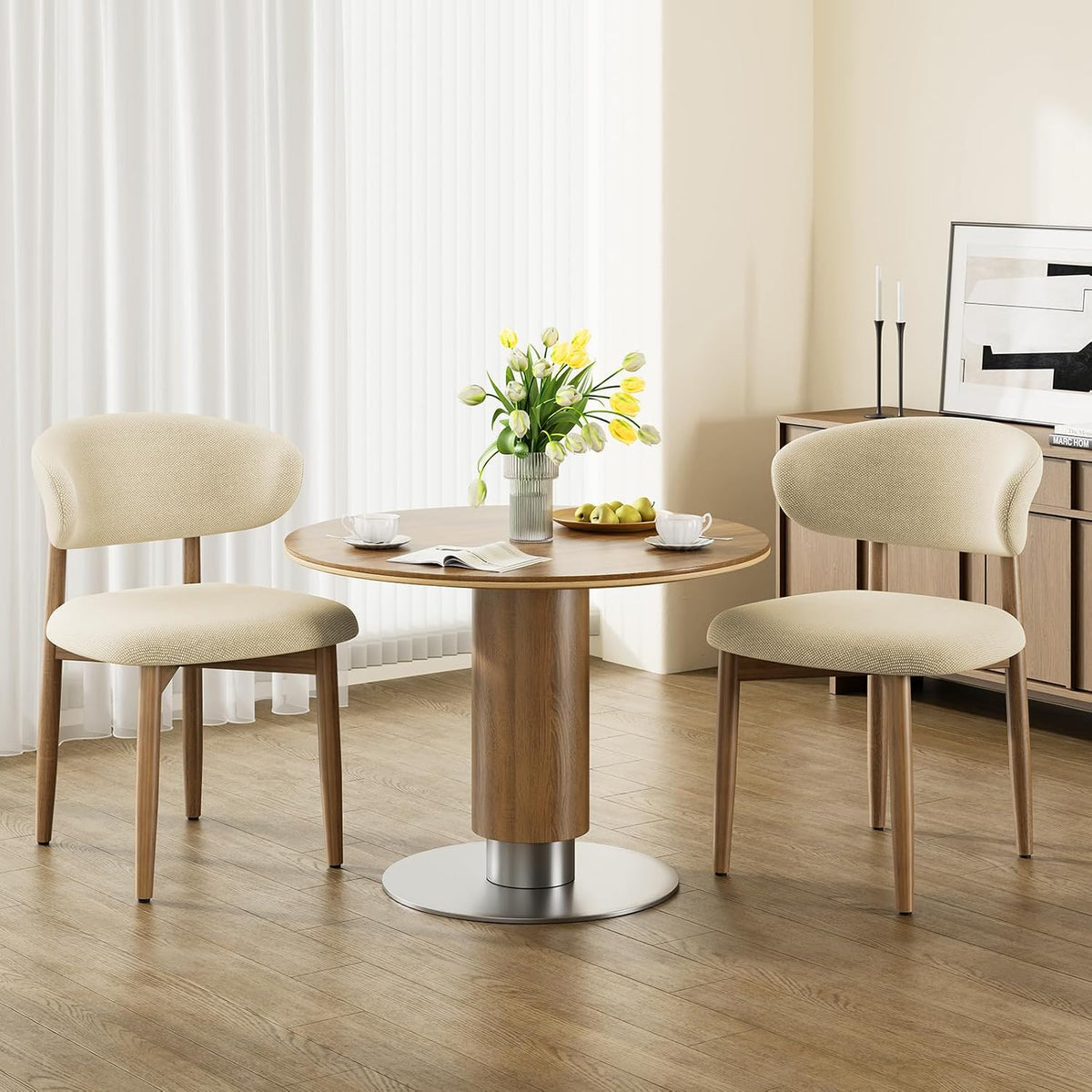 LEVELEVE Wooden Dining Chairs Set of 6,Farmhouse Kitchen Chairs with Curved Back,Modern Fabric Upholstered Chairs for Dining Room,Beige