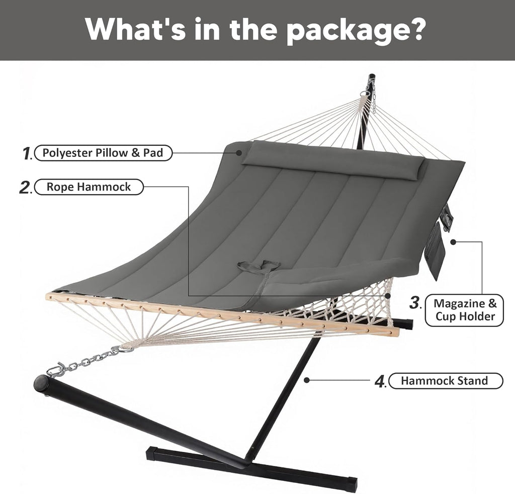 SUNCREAT Double Outdoor Hammock with Stand, Carrying Bag, Dark Gray