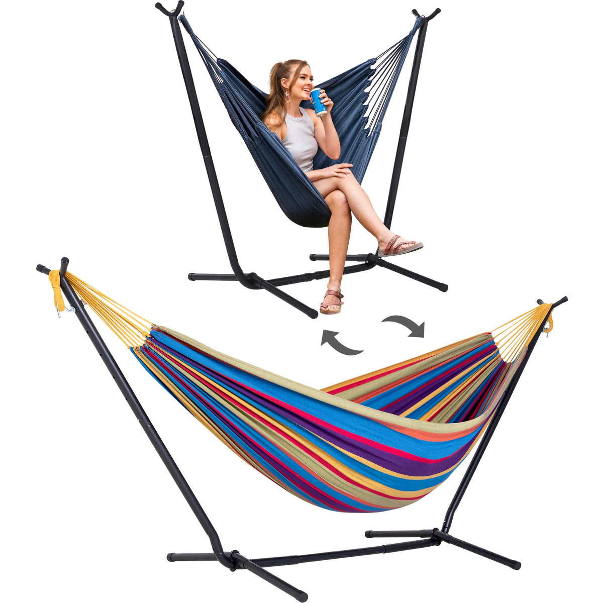 SUNCREAT 2-in-1 Hammocks Hammock Chair with Stand, Patented, Blue Stripe