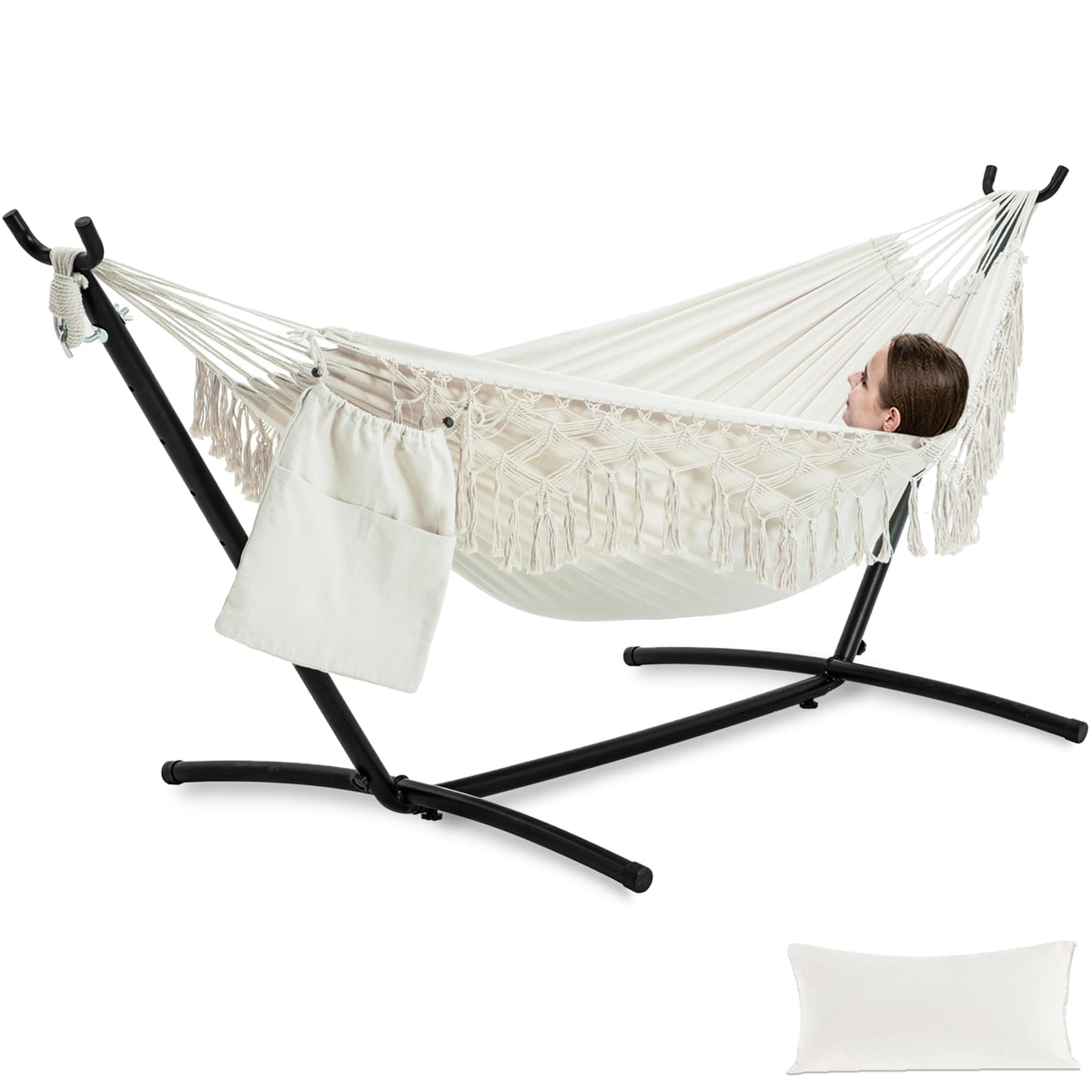 PNAEUT Handmade Tassel Hammock with Stand for Outside, 450 lbs Capacity