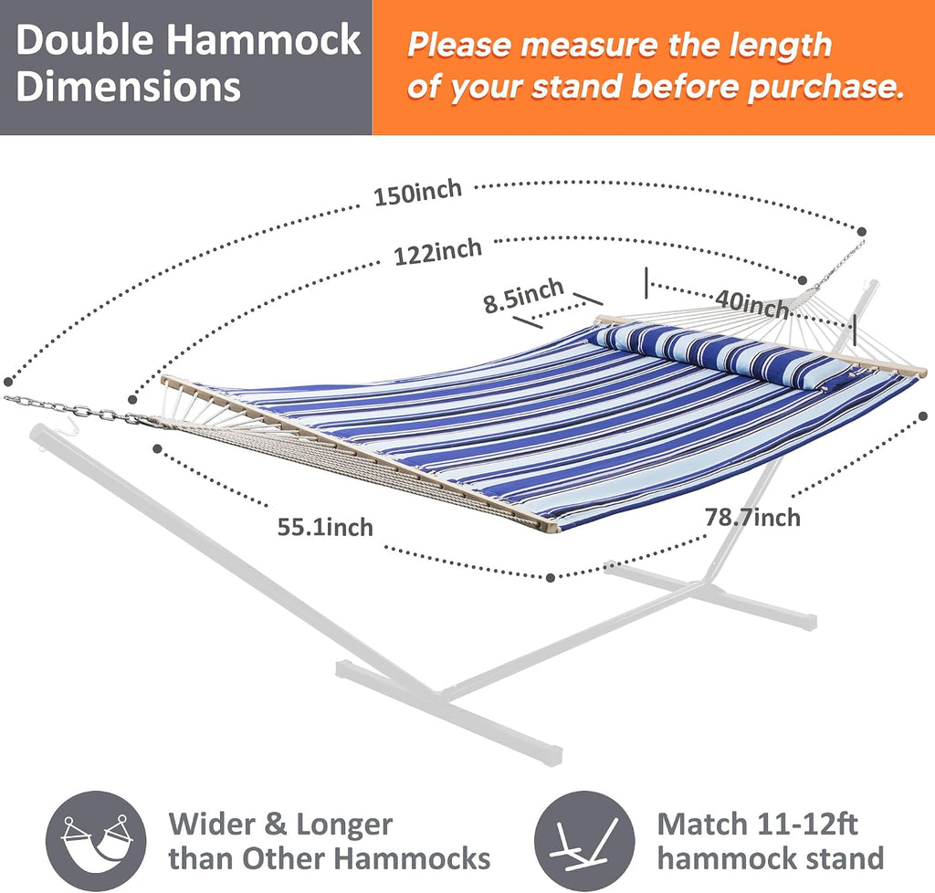 SUNCREAT Hammocks Quilted Fabric Hammock, Max 475lbs Capacity, Blue Stripes