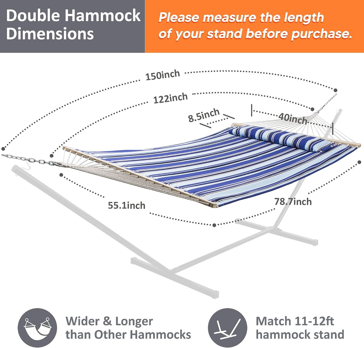 SUNCREAT Hammocks Quilted Fabric Hammock, Max 475lbs Capacity, Blue Stripes