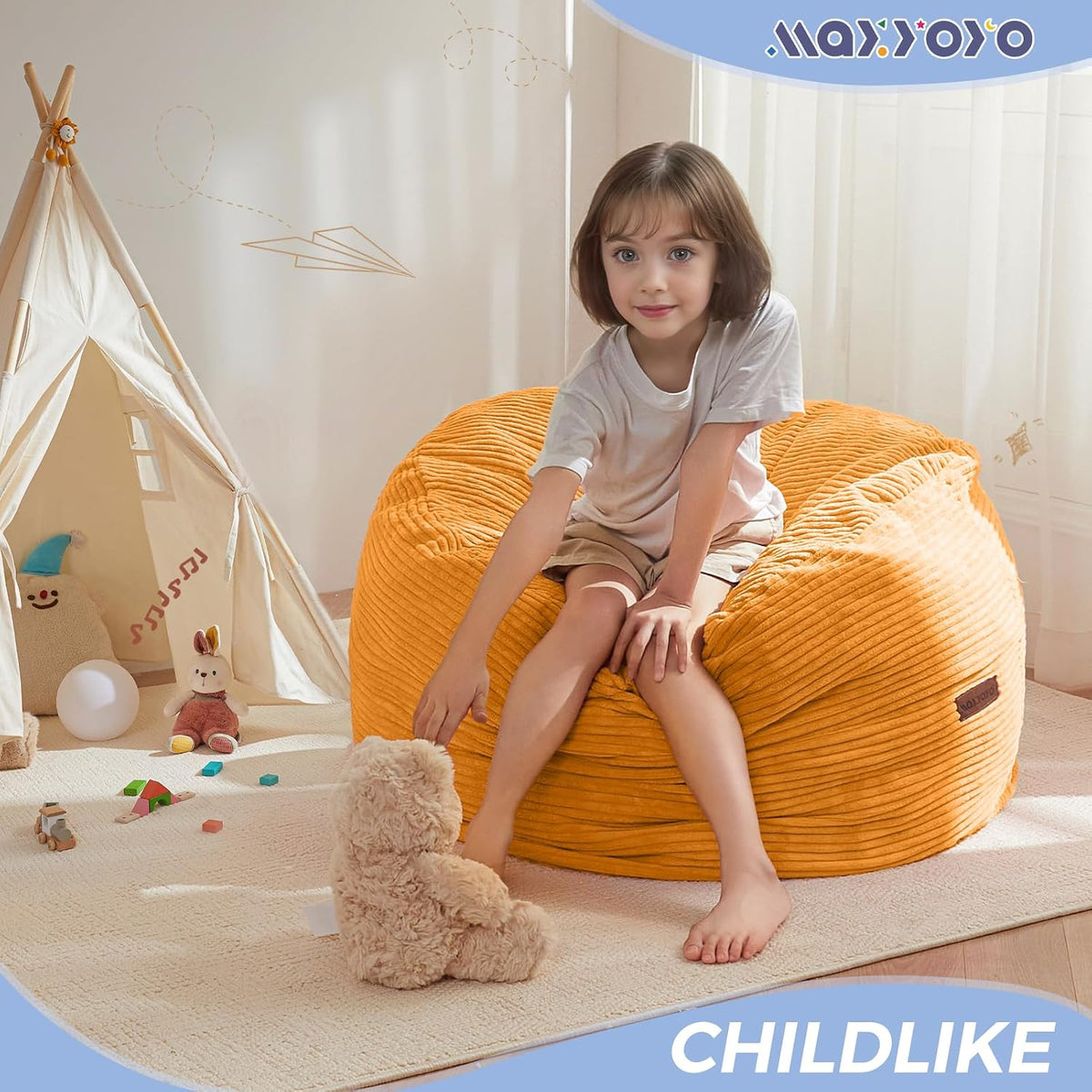 MAXYOYO Bean Bag Chair for Kids, Convertible Bean Bag Seat, Orange