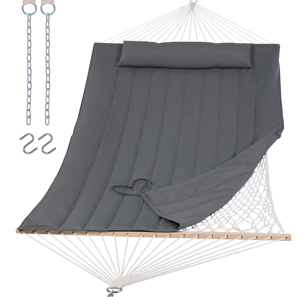 SUNCREAT 2 Person Hammock with Hardwood Spreader Bar, Outdoor Rope Hammock with Polyester Pad, 475 lbs Capacity, Beige