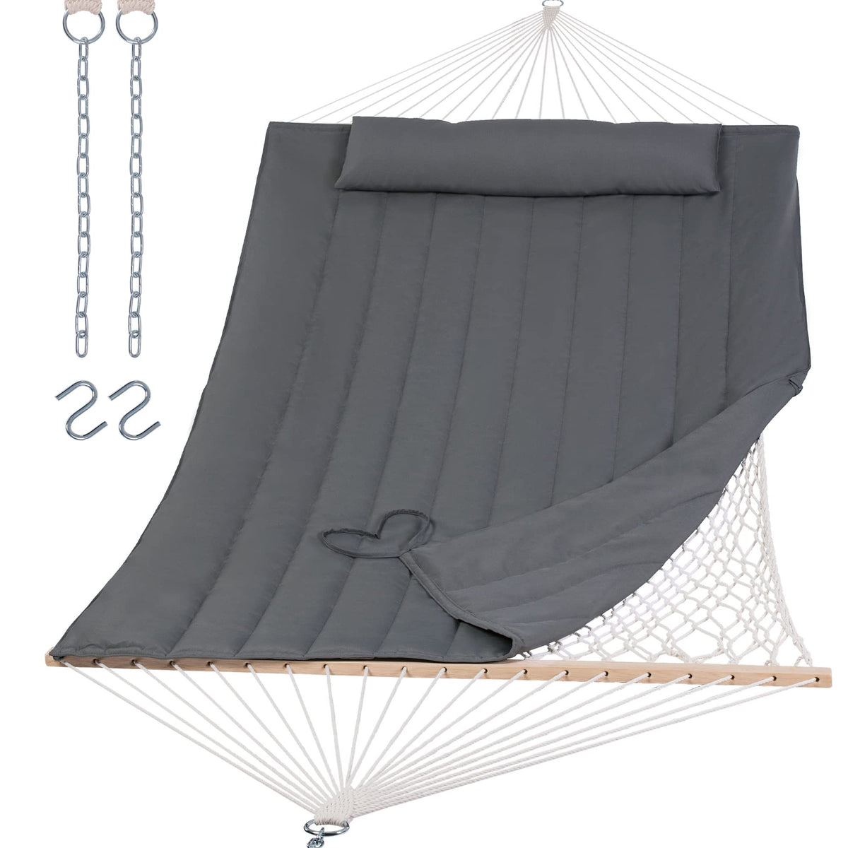 SUNCREAT 2 Person Hammock with Hardwood Spreader Bar, Outdoor Rope Hammock with Polyester Pad, 475 lbs Capacity, Beige