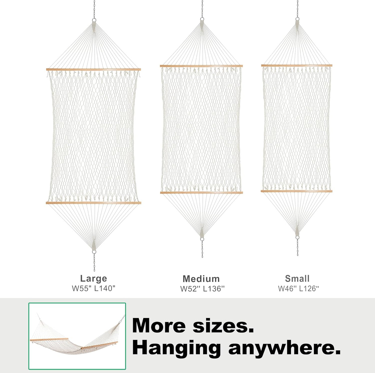 GAFETE Single Rope Hammocks for Outside, Traditional Hand Woven Cotton Hammock with Hardwood Spreader Bar, Max 450 lbs Capacity (Natural Beige, Small)
